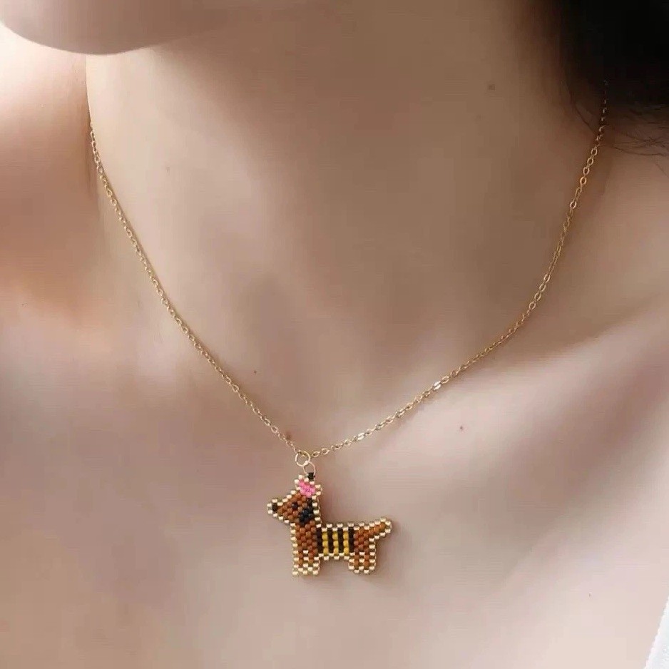 Miyuki Bead Dachshund Pendant Necklace Gold Plated Thin Chain Gift for Women