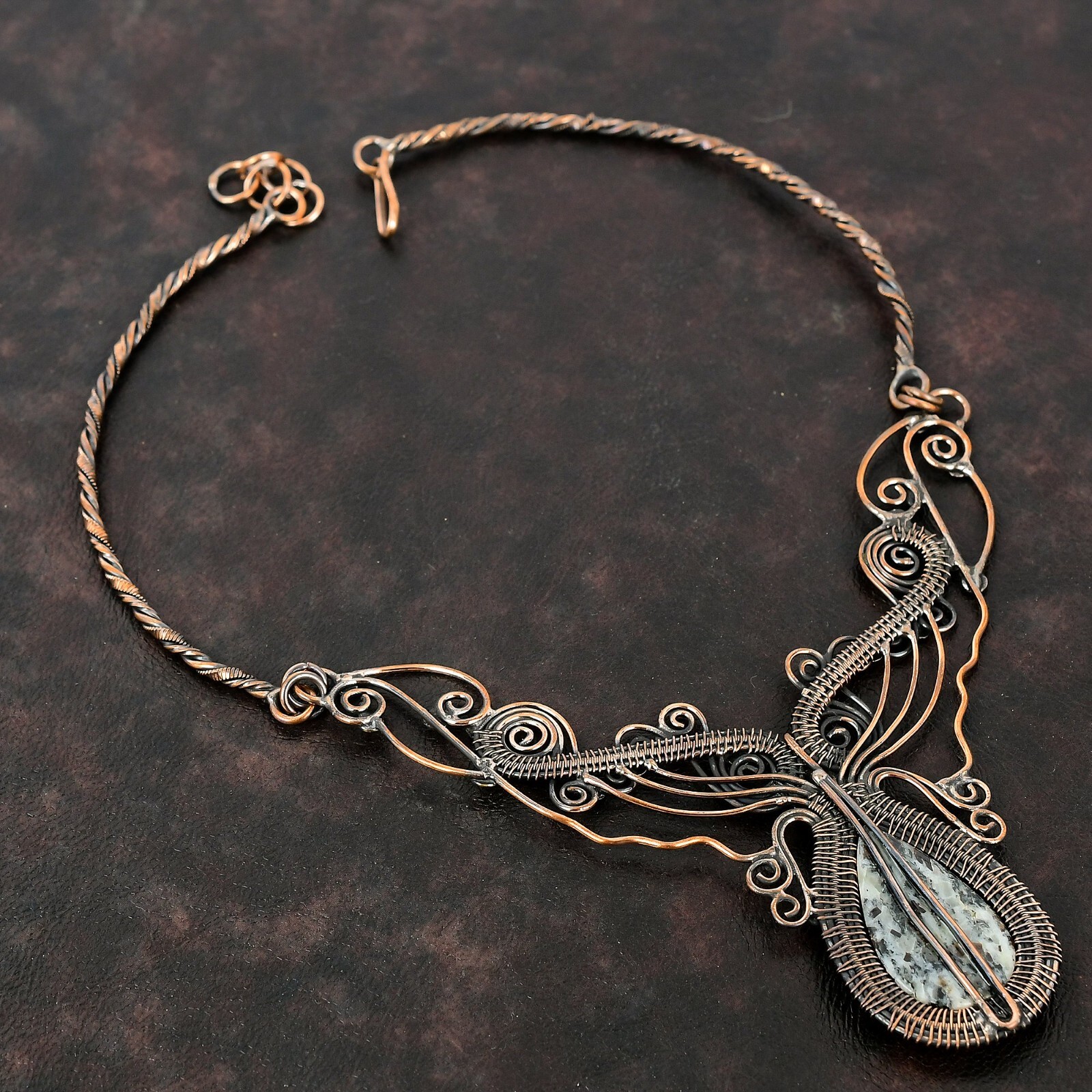 Gift For Her Copper Astrophyllite Wire Wrapped Flower Adjustable Necklace 18.0″