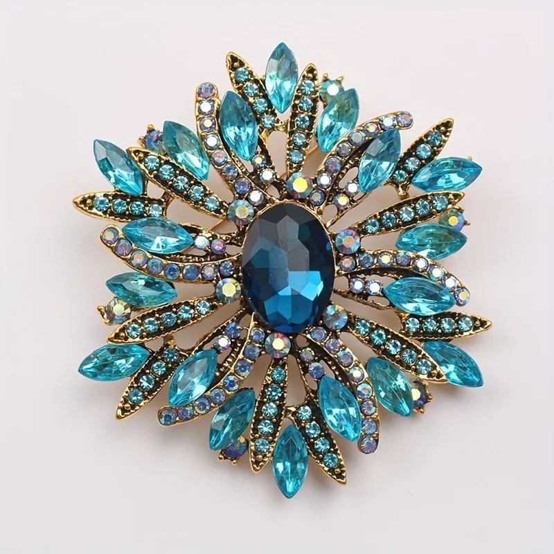 Vintage Style Large Sparkly Purple Flower Brooch Pin with Gemstones