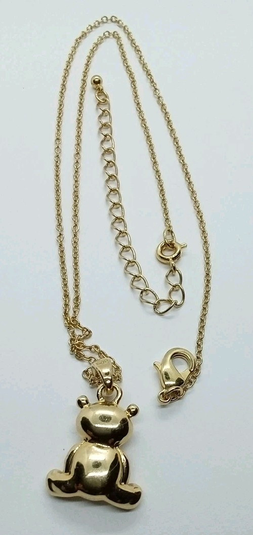 Cute Signed NVC Teddy Bear Goldtone Rhinestone Pendant Necklace #208