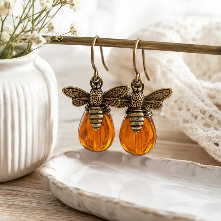 Retro Amber Honey Bee Earrings Gold Drop Dangle Vintage Boho Gift for Women
