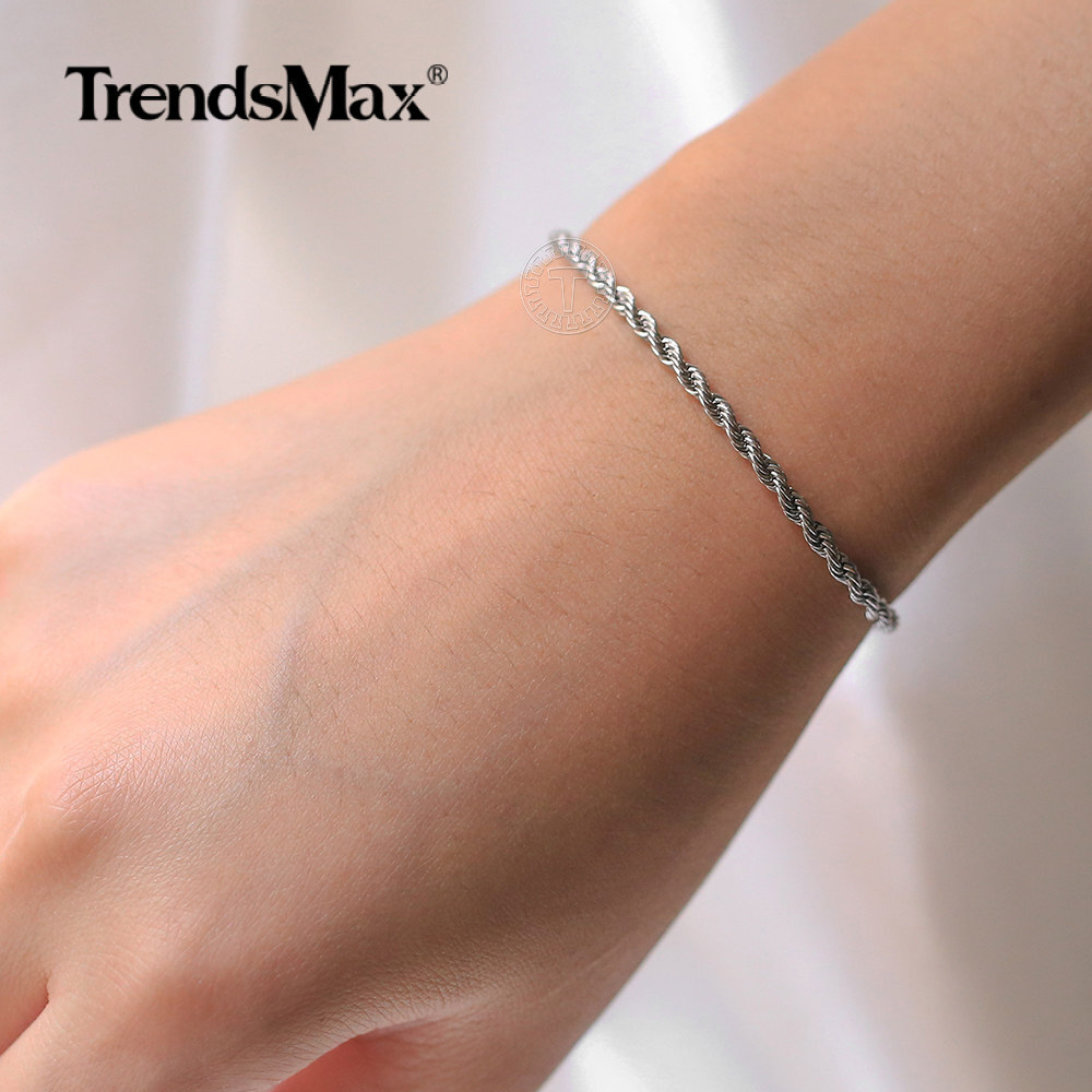 3MM Silver Stainless Steel Twisted Rope Link Chain Bracelet 7+2″ Extra Link
