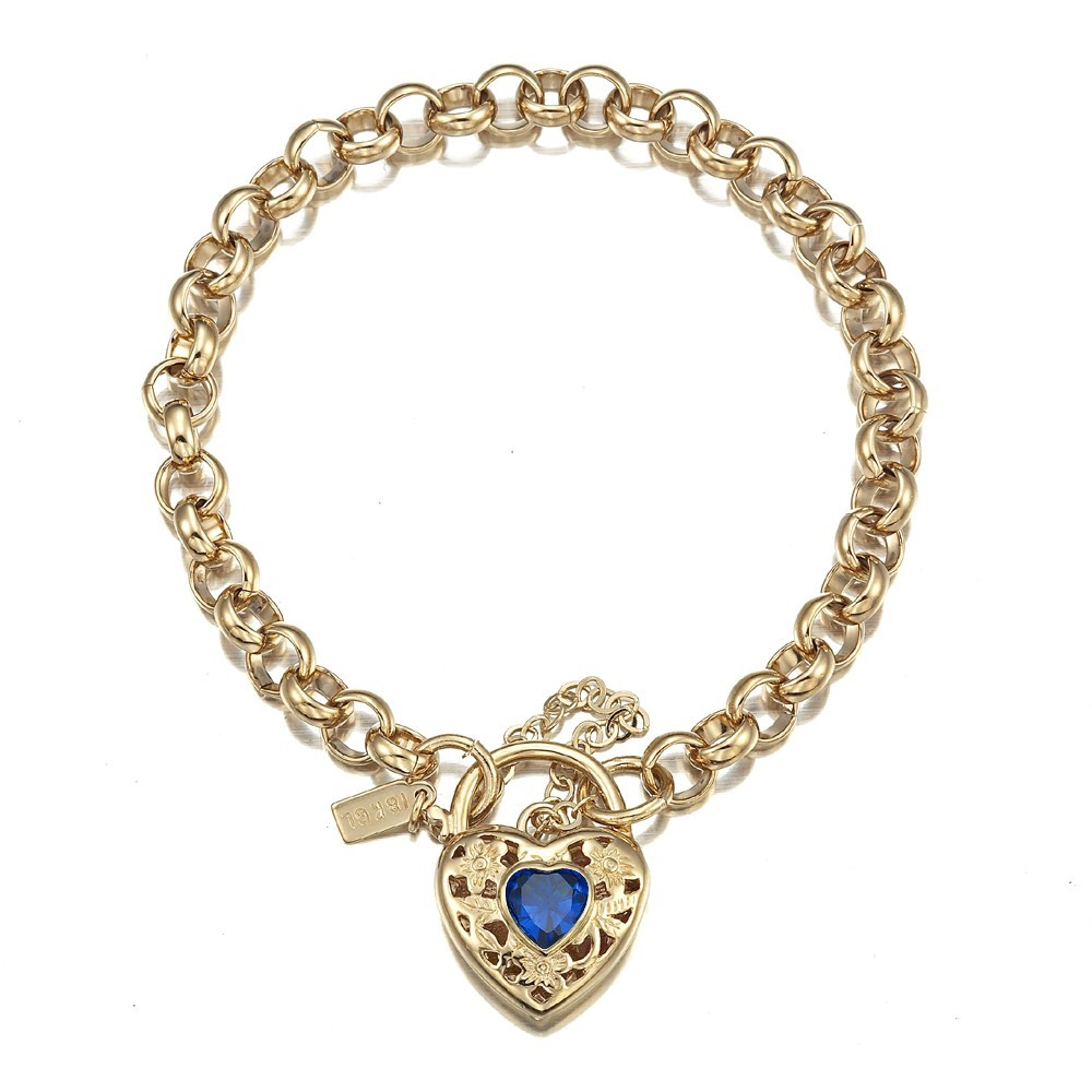 18K GL Solid Belcher Gold Bracelet Filigree Heart Padlock & Sapphire Blue Gem