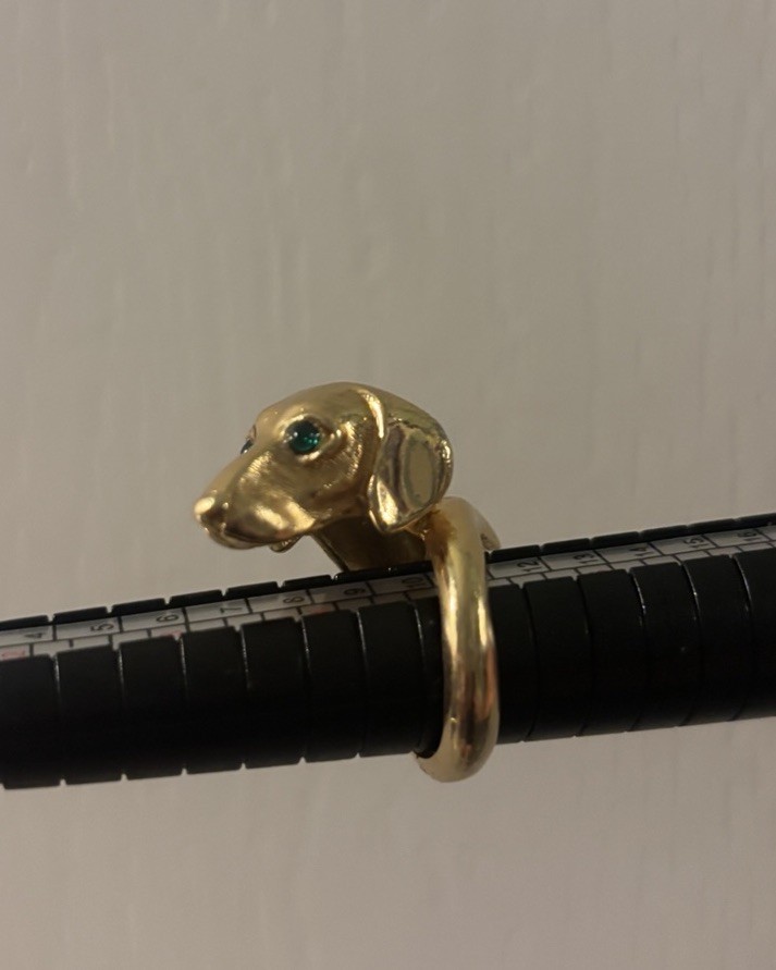 Extra Rare Crown TRIFARI Gold Tone Green Eyed Dachshund Dog Head Ring
