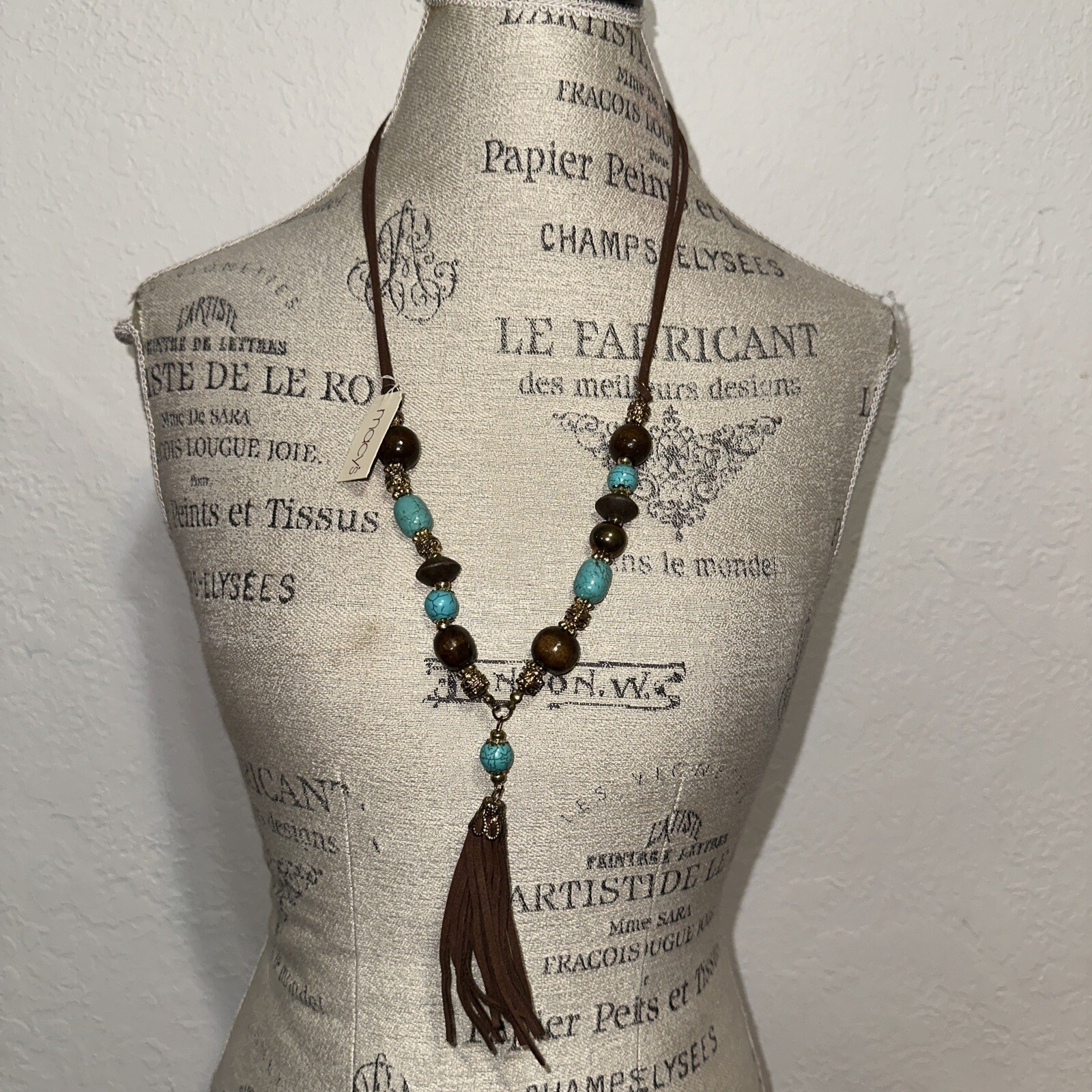 Macys Boho Turquoise Wood Bead Tassel Necklace Suede Cord Western Statement