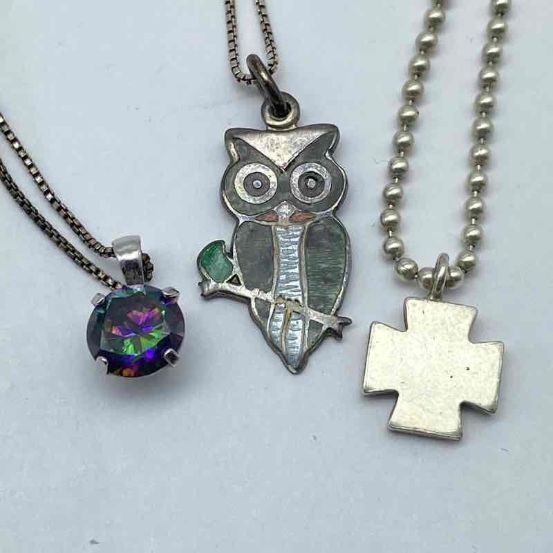 Sterling Silver 925 Jewelry Lot of 3 Necklaces Mystic Topaz Owl Cross 13.2g