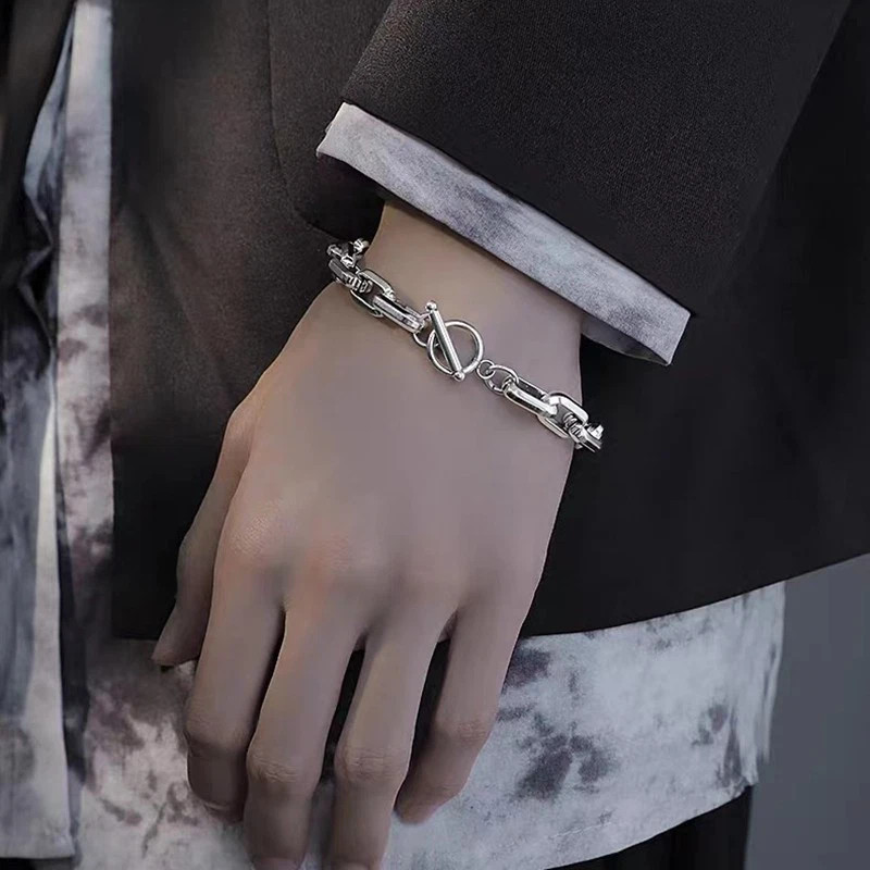 Mens Punk Titanium Steel Chain Curb Cuban Link Bracelet Gifts Silver 7.5/8.3in
