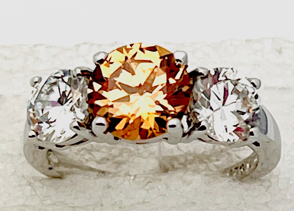 Sterling Silver 925 4.1 Gram Prong Set 2 Clear 1 Champagne CZ Ring Size 7