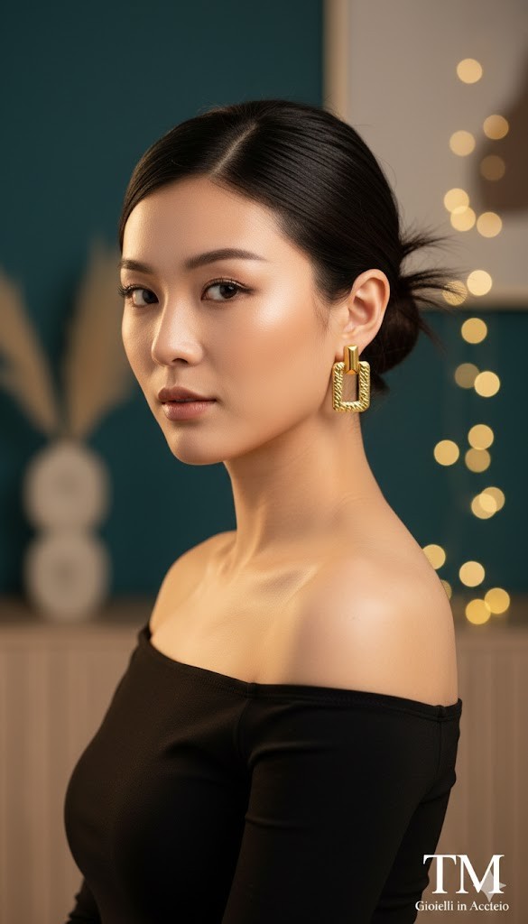 Women Stainless Steel Gold Rectangular Handmade TM Jewelry Earrings