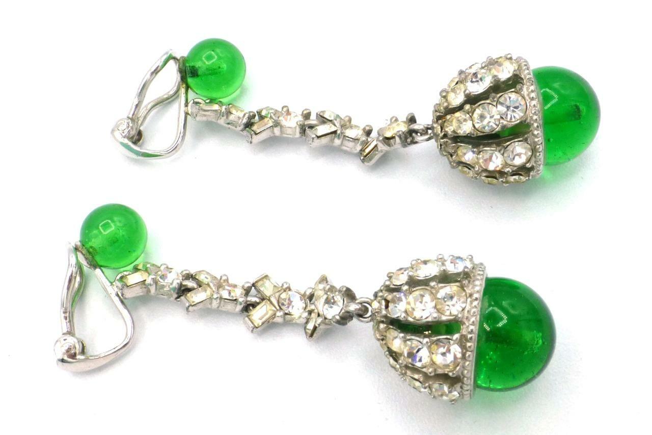 EXQUISITE!Vintage CINER Emerald Gripoix Rhinestone Statement Dangle Earrings