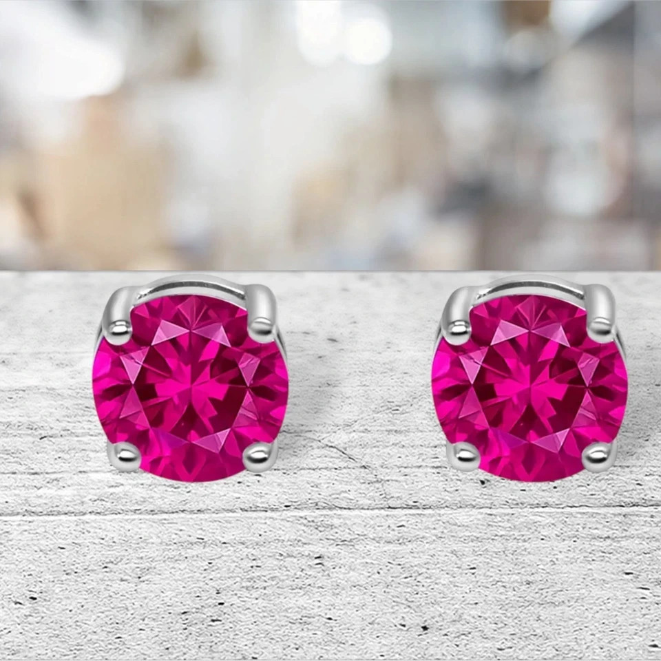 2 Ct Round Stunning Pink Tourmaline Stud Earrings Screw Back In Sterling Silver