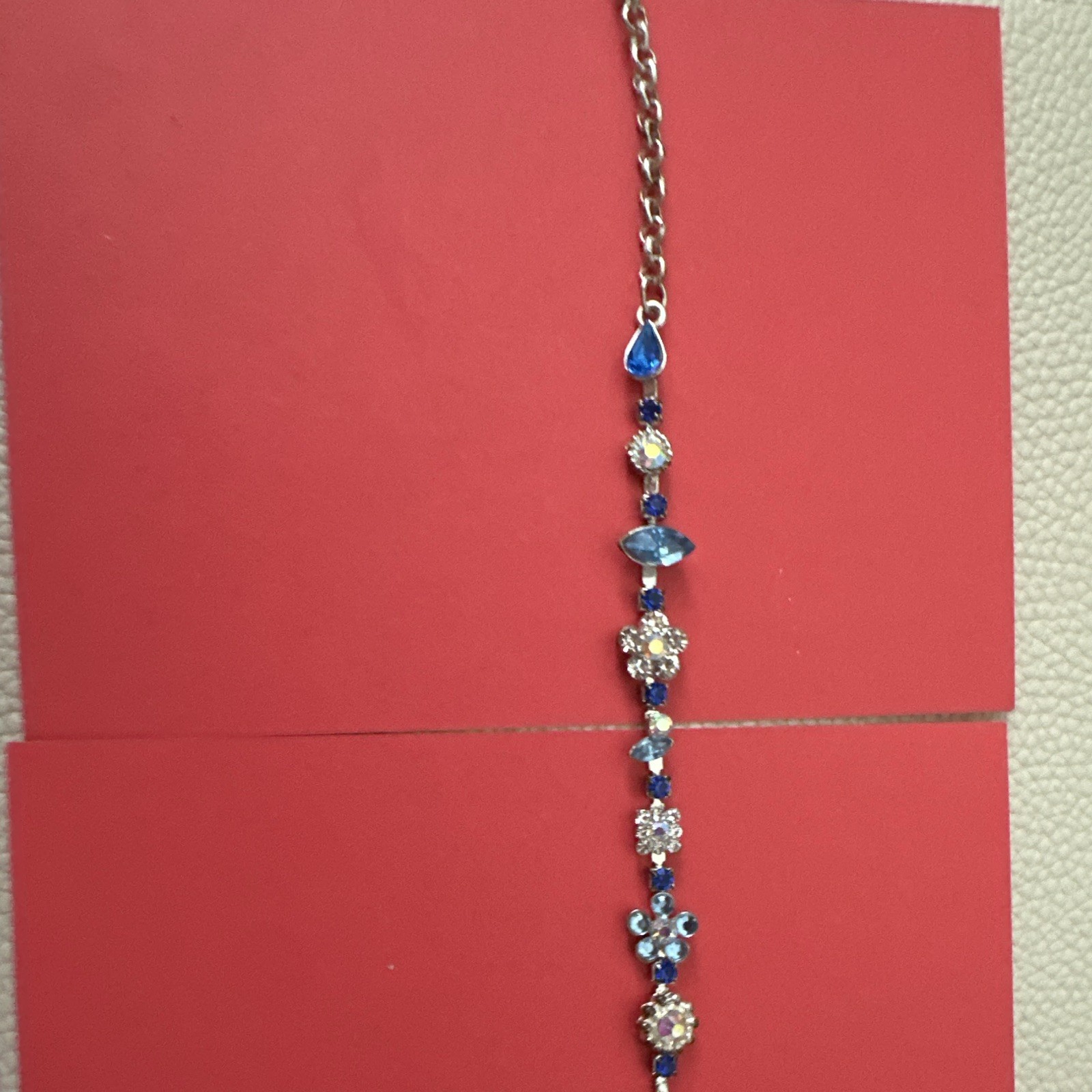 Silver Tone Cable Chain Charm Bracelet Blue & Clear Crystal Rhinestones
