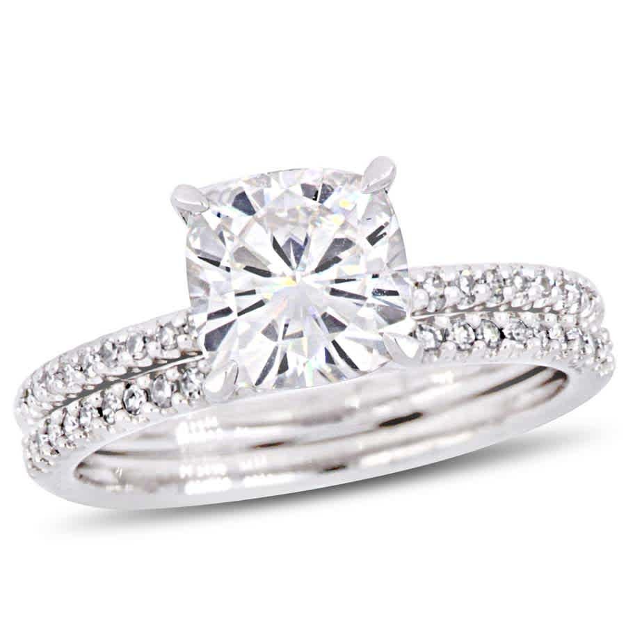 AMOUR 2 CT DEW Cushion Created Moissanite and 1/4 CT TW Diamond Bridal Set In