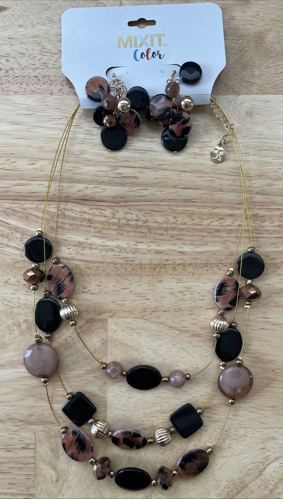 MIXIT Color Women’s Necklace and Earrings Jewelry Set Brown, Black, Gold~NWT