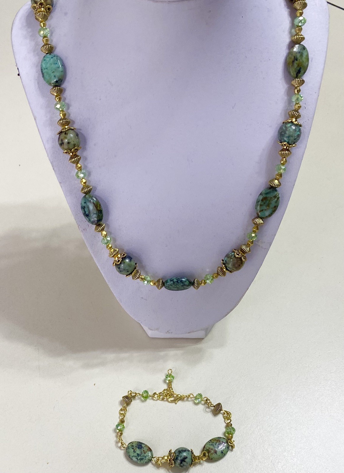 Antique Gold Plated Necklace & Bracelet African Turquoise Semiprecious Stone