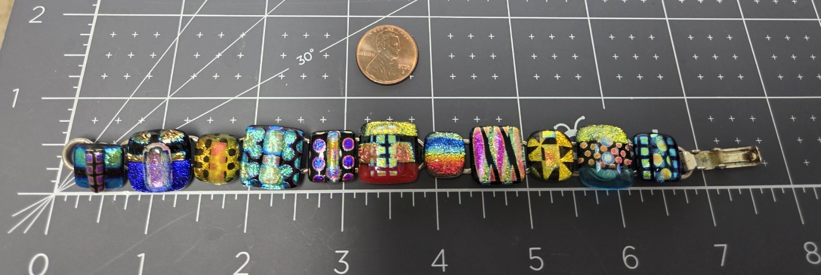 Dichroic Art Glass Link Bracelet Vintage Fused 11 Multi Color Geometric 7″ Long