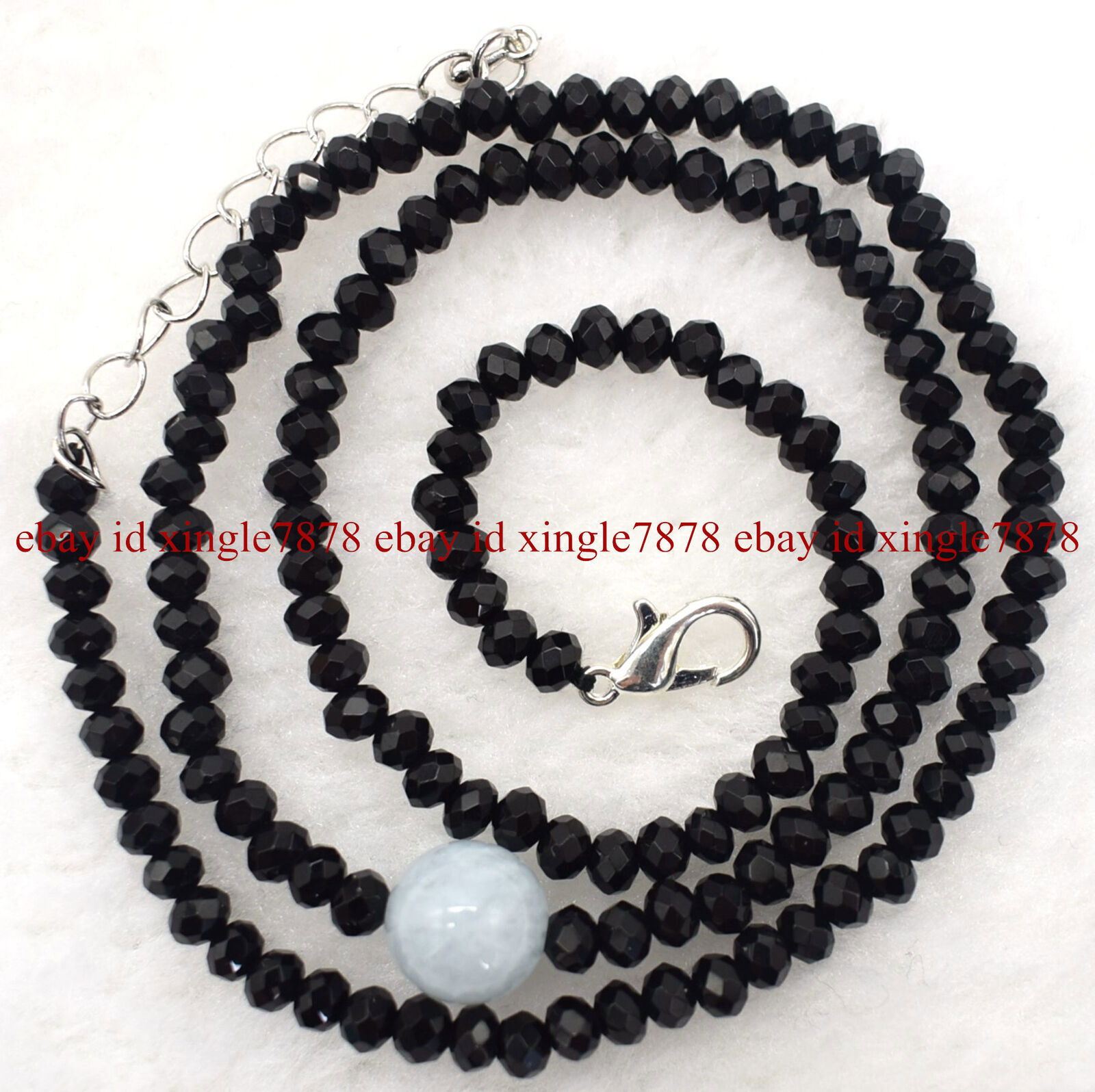 2x4mm Faceted Black Agate & 10mm Blue Aquamarine Gemstone Beads Necklace 20″ AAA