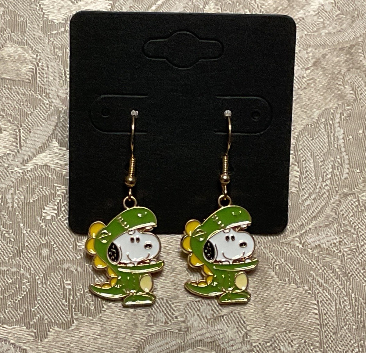 Snoopy Dinosaur Gold Loop Enamel Drop Dangle Adorable Whimsical Earring Set