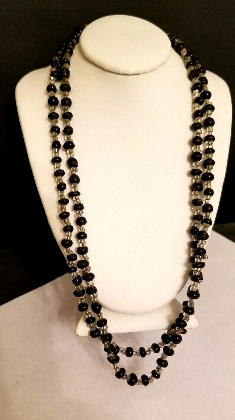 FREE SHIP 2 Stunning Black + Clear Glass Bead Necklace Strand String