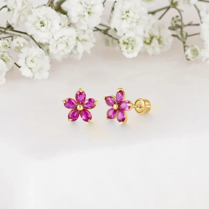 1.70 Ct Pear Cut Simulated Pink Ruby Flower Stud Earrings 14k Yellow Gold Plated