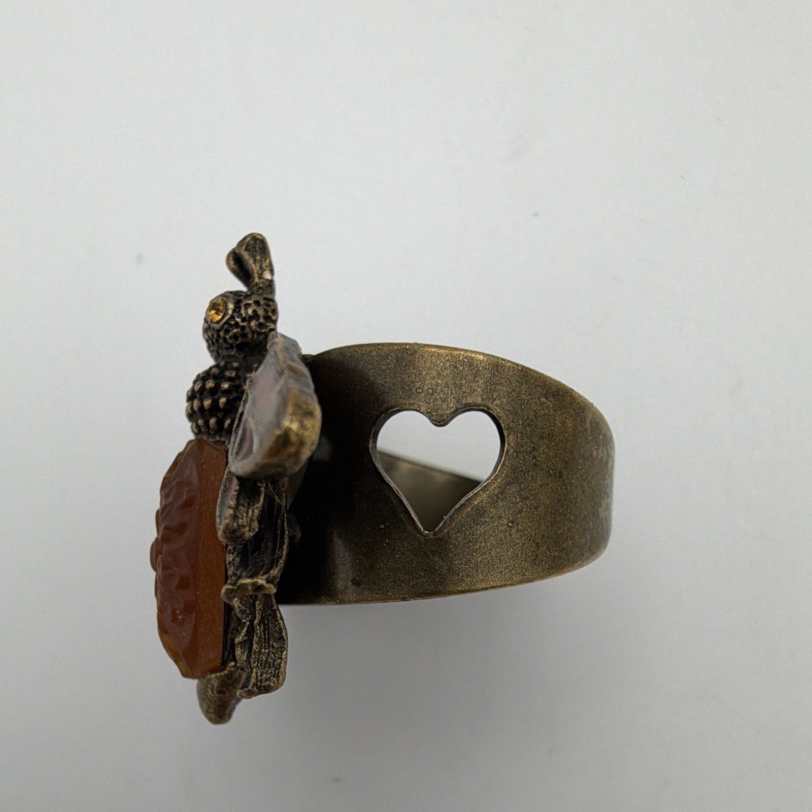 Bronze Tone Bee Adjustable Cuff Ring Brown Bead Metal Animals & Insects