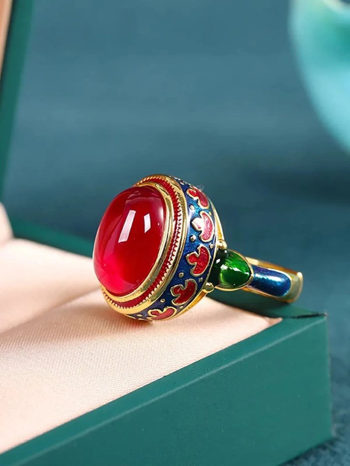 Women’s Vintage Simulated Ruby Ring Enamel Floral Boho Gold Statement Jewelry