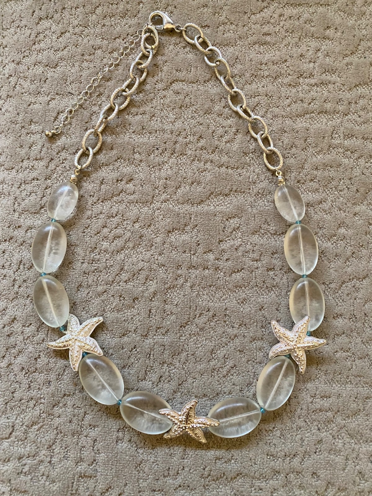 Starfish Statement Necklace Gold Tone Clear Oval Beads Beach Coastal Adjustable