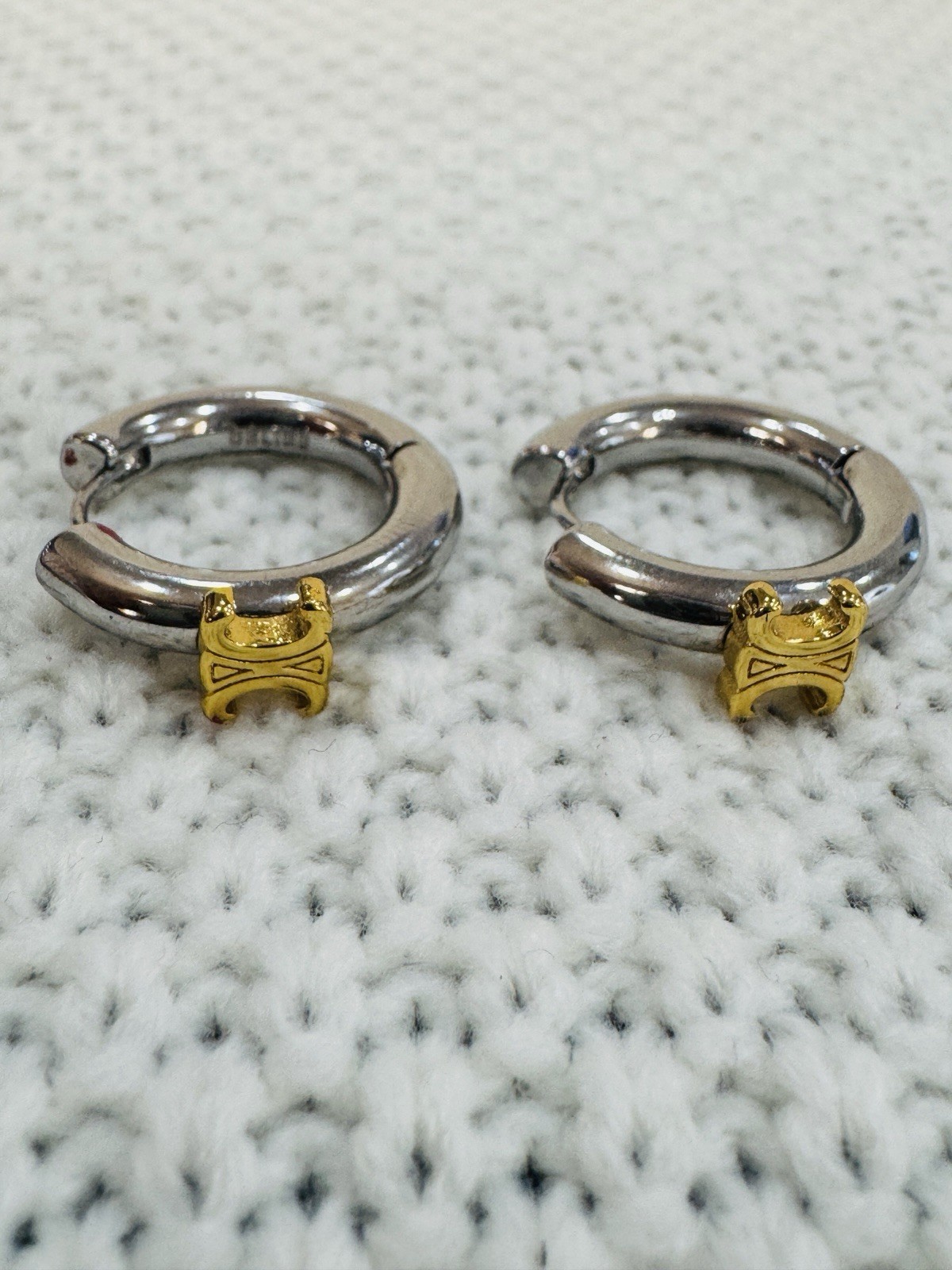 CELINE Gold Silver Tone Hoop Earrings Two Tone Logo Huggie Pierced Pair