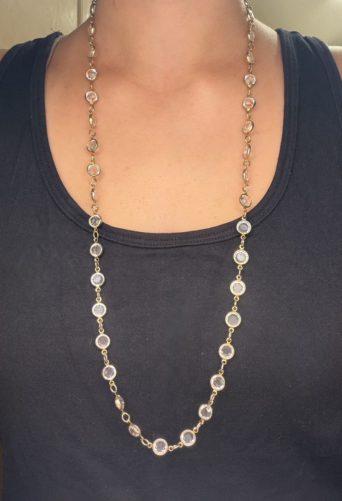 Vintage 1980s Austrian Crystal USA Bezel Station Necklace Gold Tone Long 30″