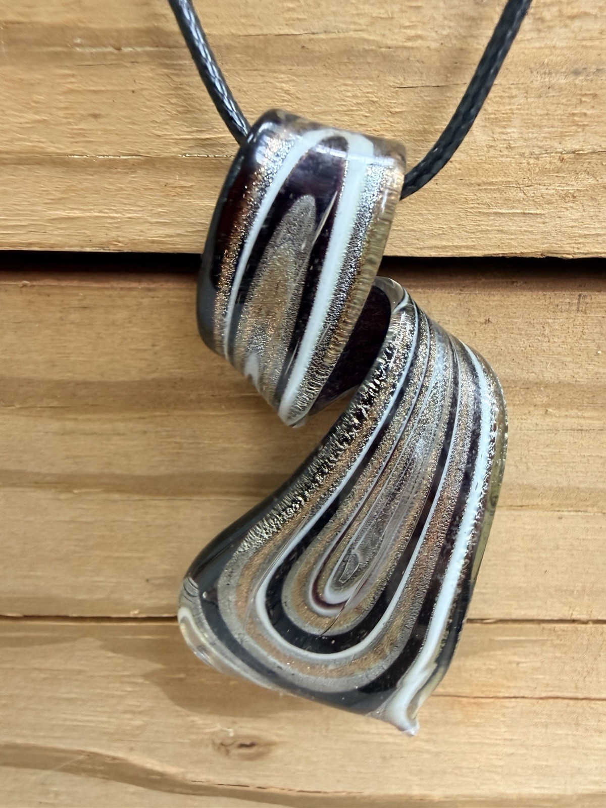 Glass Lampwork Murano Style Black Twist Large Pendant on Black Cord Necklace