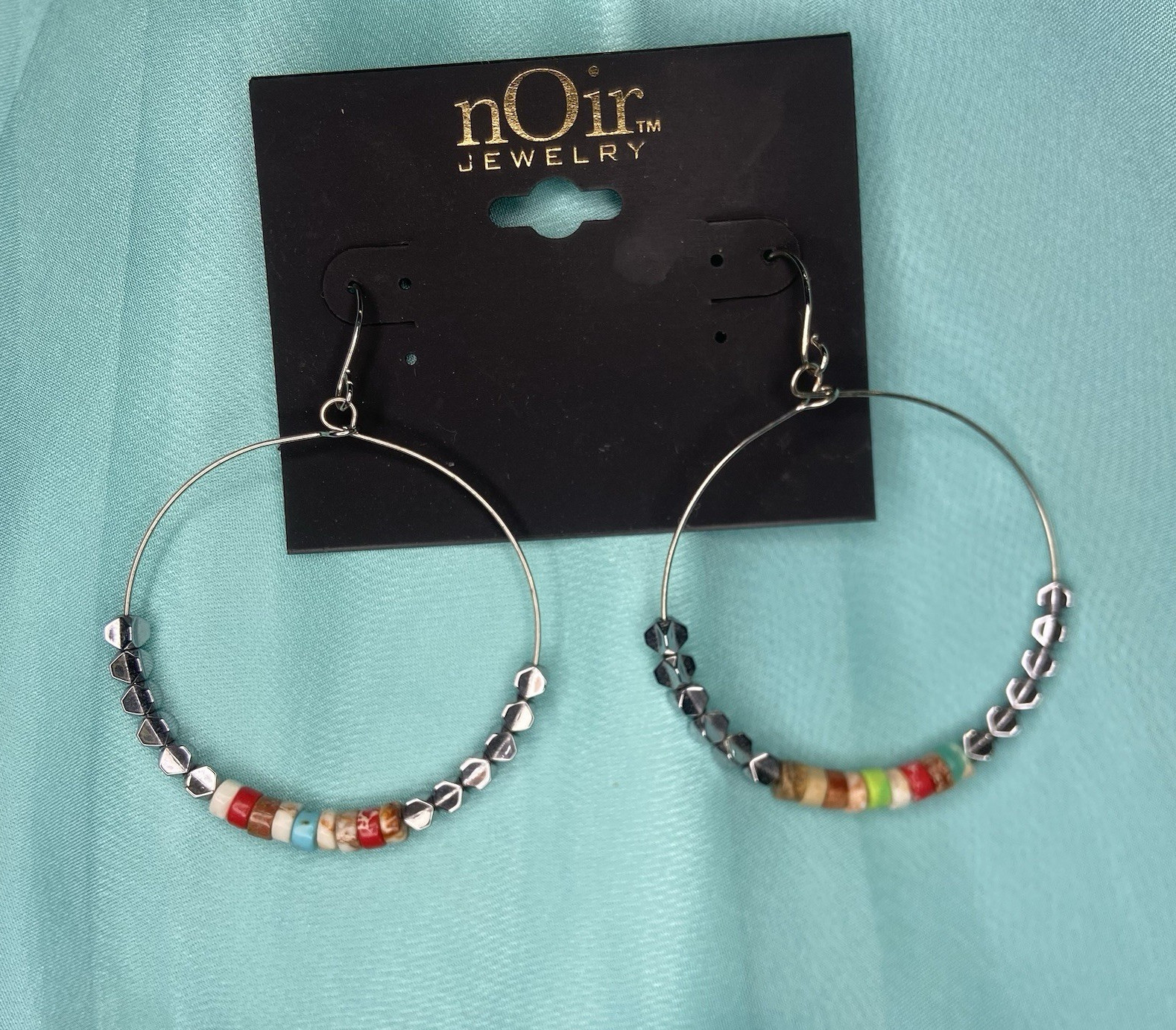 nOir Jewelry Silver Tone Round Beaded Hoop Dangle/Drop Hook Earrings Multicolor