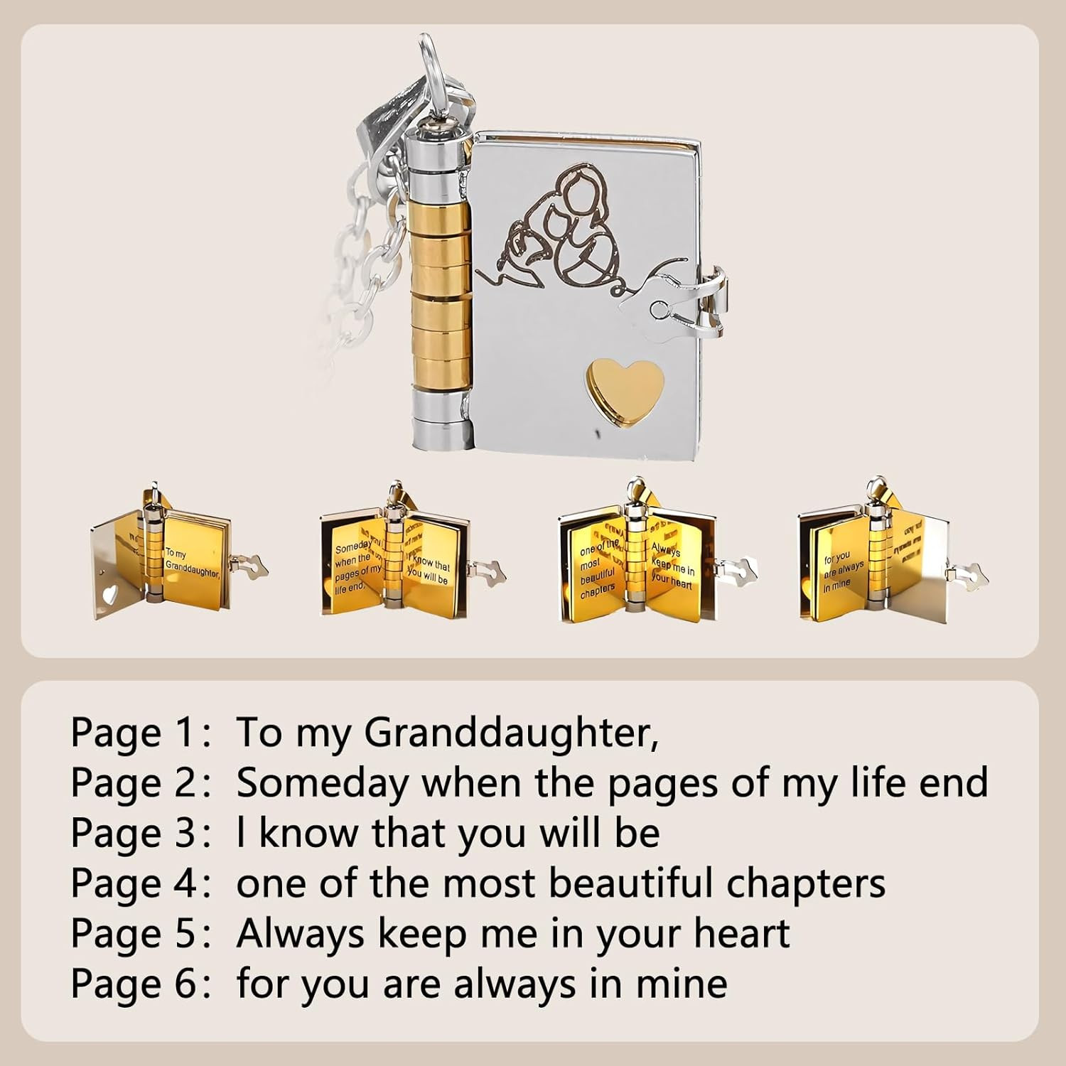 Granddaughter Book Necklace 6-Page Engraved Pendant Gift from Grandma