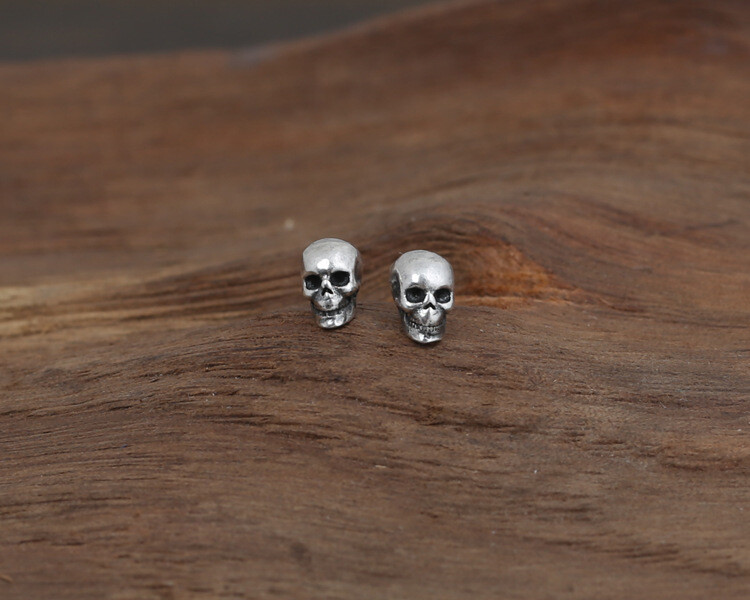Real Soild S925 Silver Gothic Style Skeleton Earring Small Skull Studs