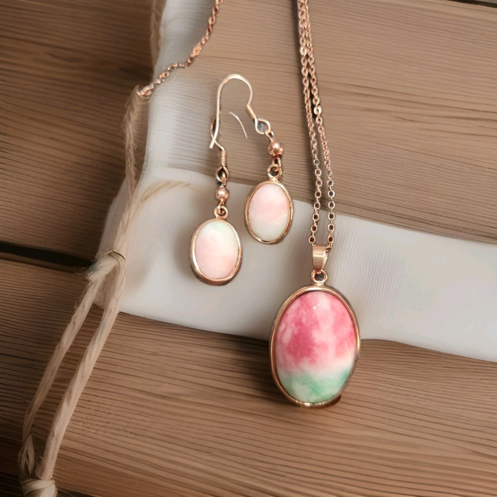 Necklace,earring Set pink and green stone, pink opal set in a rose gold-toned