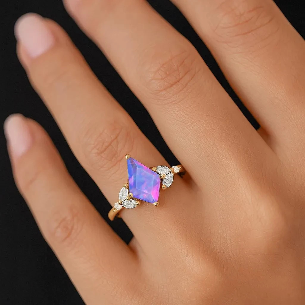 Lavender Fire Opal Kite Gemstone Statement Ring, Natural Fire Opal Gemstone Gold