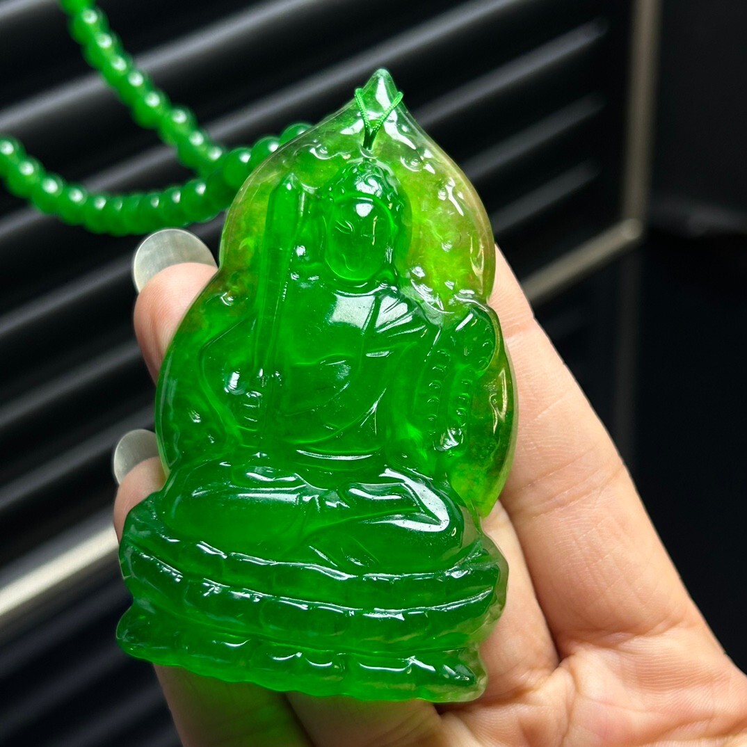 Natural Ice Green Burmese jade Jadeite Carved Guanyin lucky Pendant&Necklaces