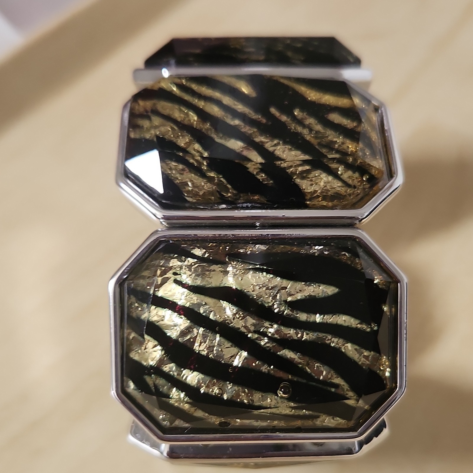 Stretch Bangle Bracelet Silver Tone Black Gold Animal Print Panels No Stone