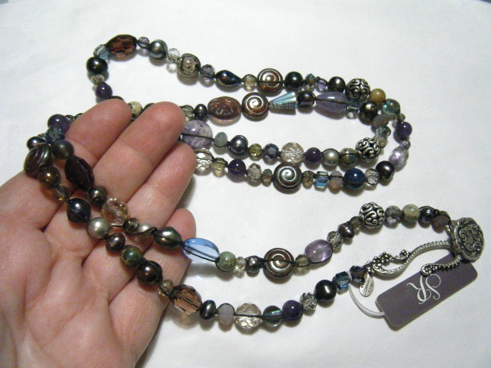 Sweet Romance Art Glass Pearl Silver Stone Beads Y Drop Vintage Revival Necklace
