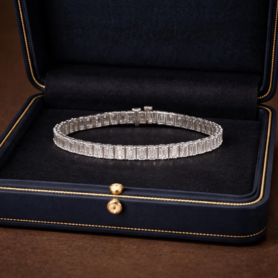 7ct Emerald Cut Simulated Diamond Sparkling Tennis Bracelet 14KWhite Gold Plated