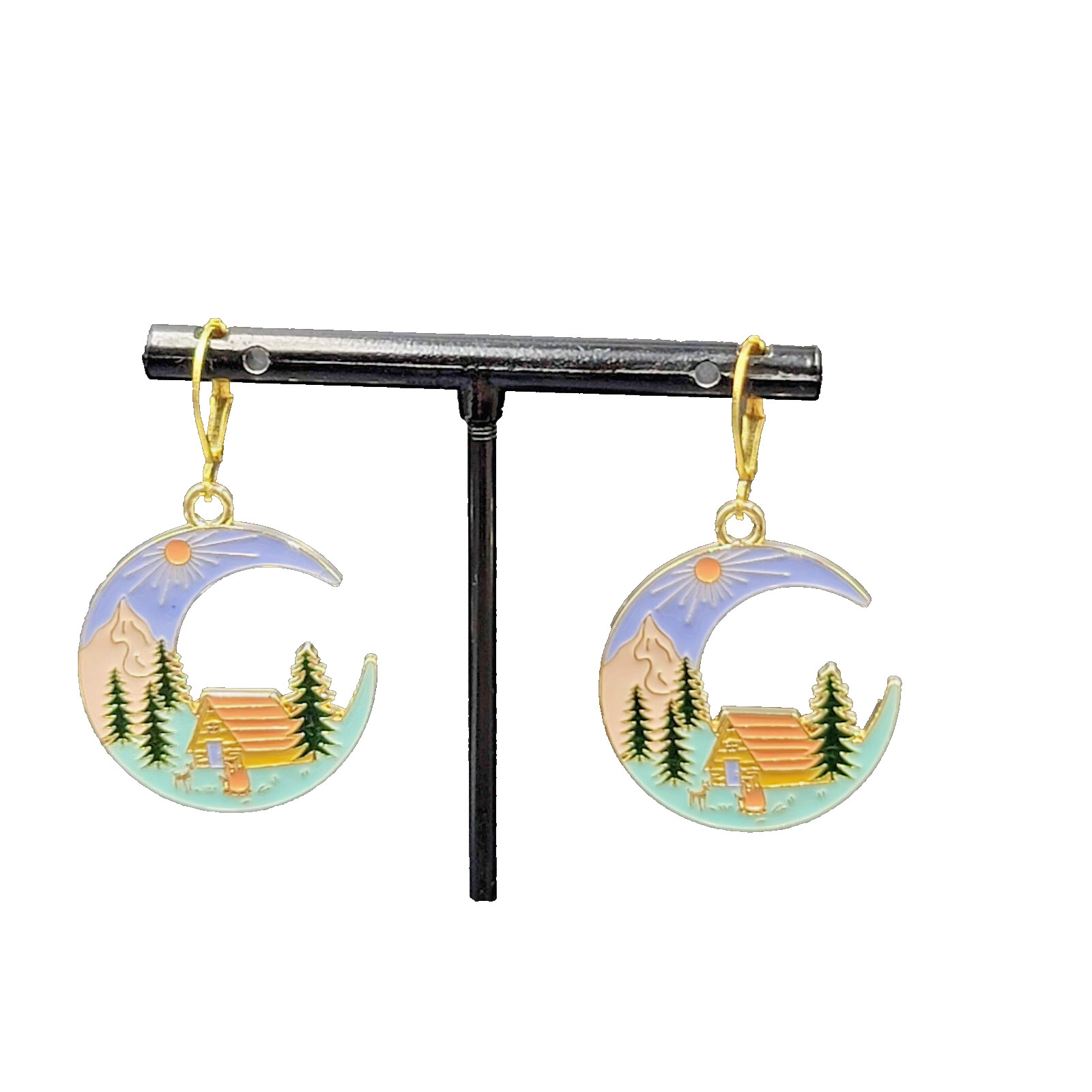 New Camping Scene Pierced Earrings Gold tone Enamel Dangle Moon Tent 1.25″ FS