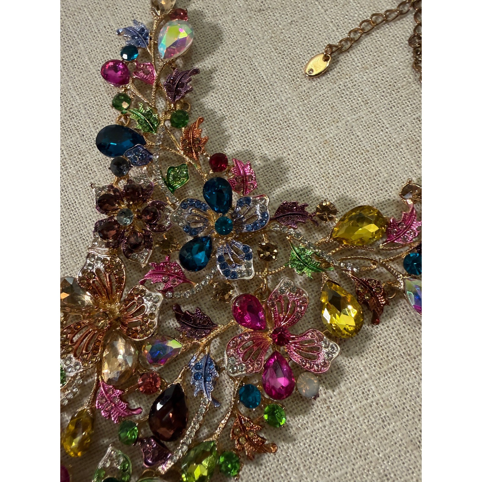 Multicolor Crystal Floral Bib Statement Necklace Gold Tone Jewel Tone Rhinestone