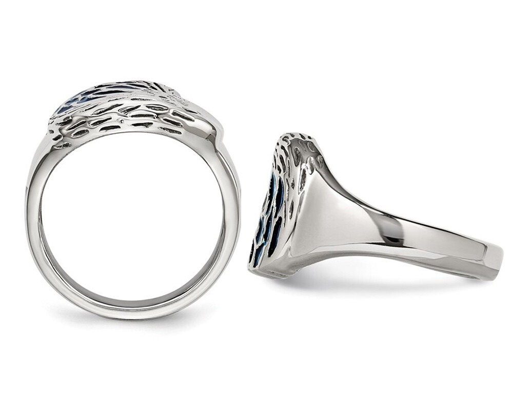 Mens Textured Blue Enamel Eagle Ring in Stainless Steel