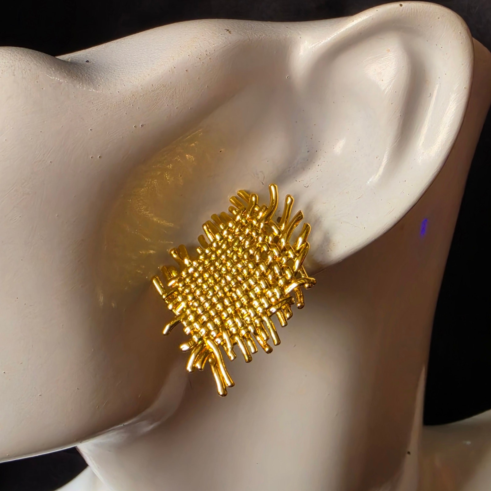 Gold Vermeil Sterling Silver Modernist Textured Weave Design Stud Earrings