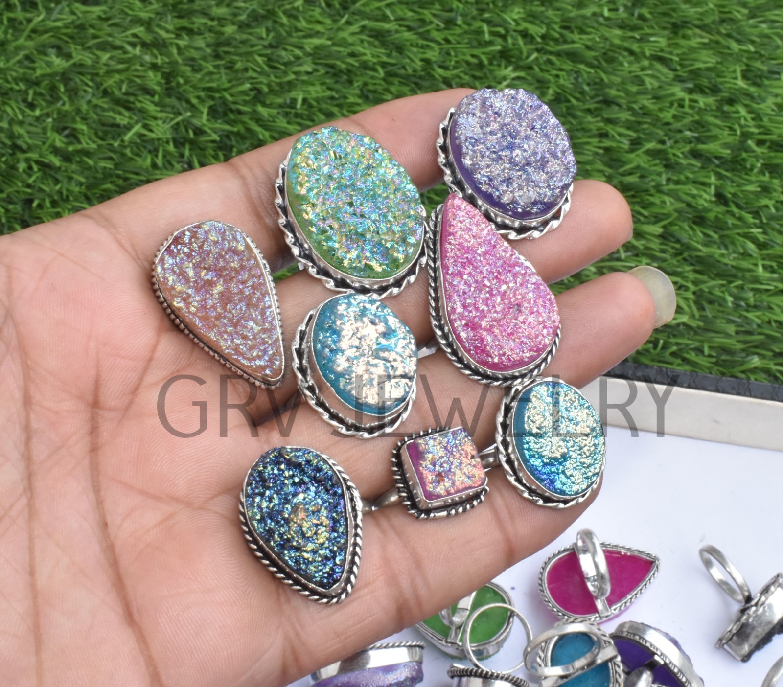 1-500 Pcs Coated Druzy In Wholesale Gemstone Rings Lot: Silver Plated Whr-69