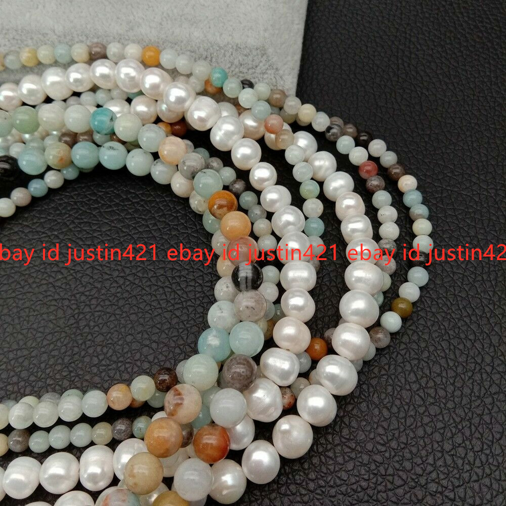 8 Rows 4mm 6mm Multicolor Amazonite 7-8mm White Pearl Necklace 19-23”