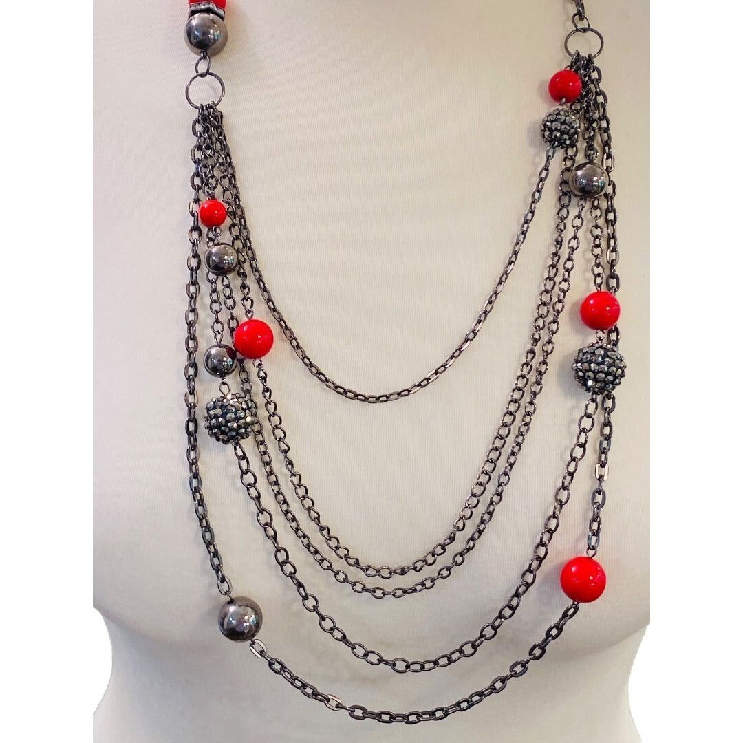 Pewter Color Layered Look Necklace Red Bead Lobster Clasp 27″ Long