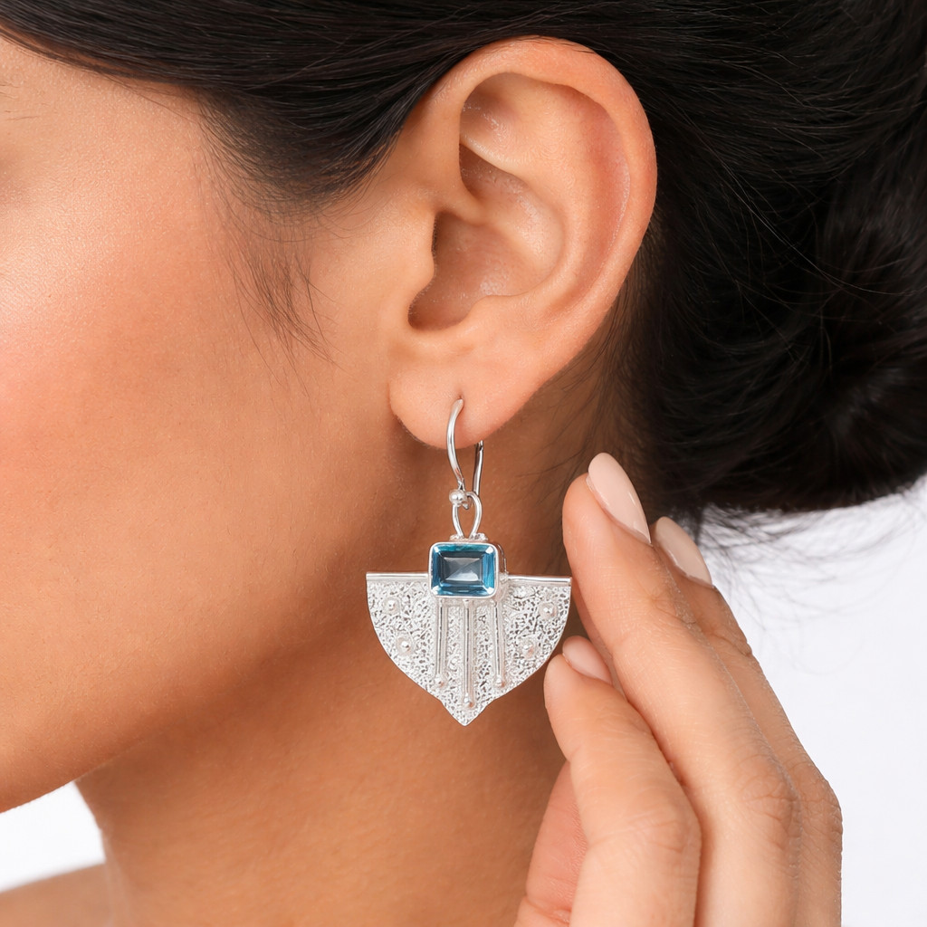 Sky Blue Topaz Gemstone Drop Earrings 925 Silver Handmade Jewelry For Gift 1.19″
