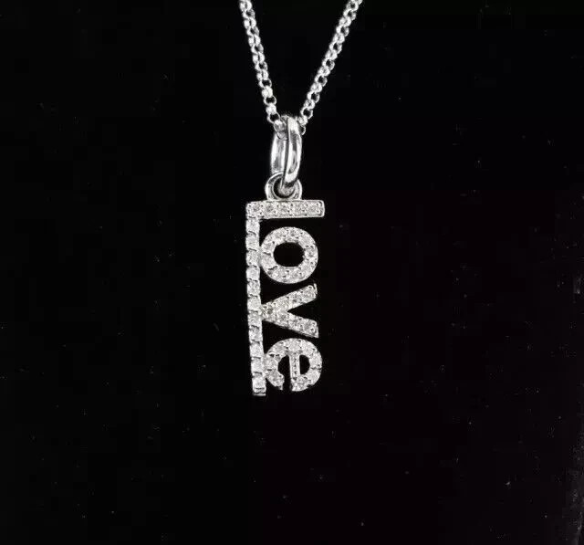 Round Cut Simulated Diamond 14K White Gold Finish Women Love Word Pendant Chain