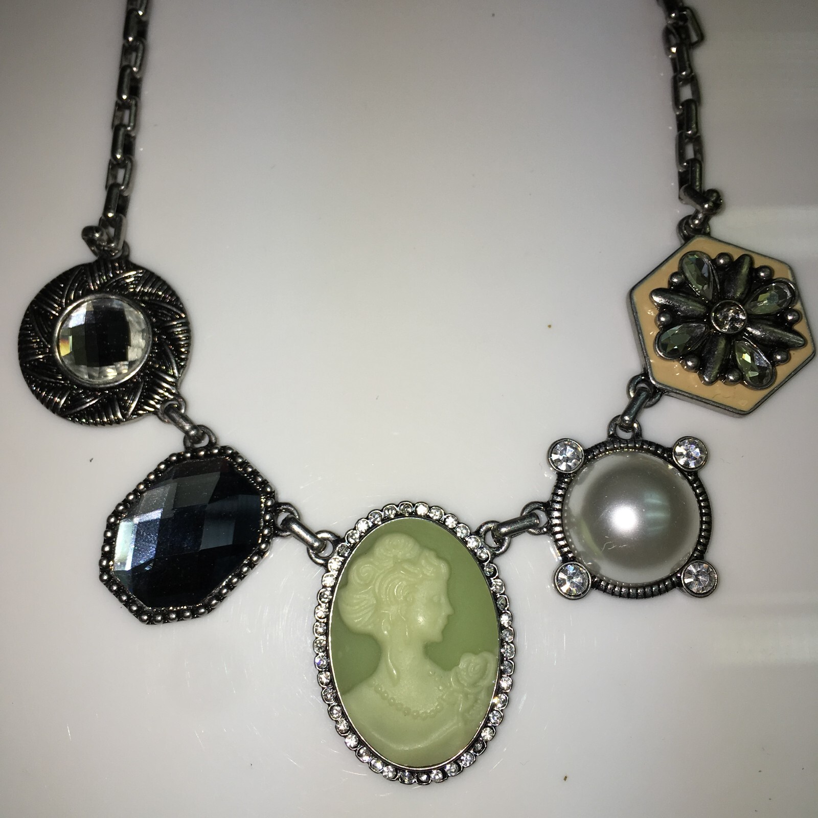 Lia Sophia Nostalgia Cameo, Crystals, Resin,Glass Pearl Charm Statement Necklace
