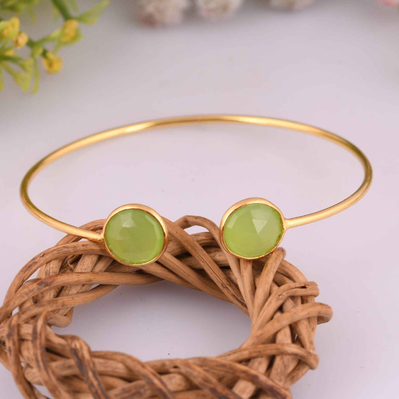 Gemstone Open Bangle Gold Plated Adjustable Cuff Bracelet With Green Prehnite